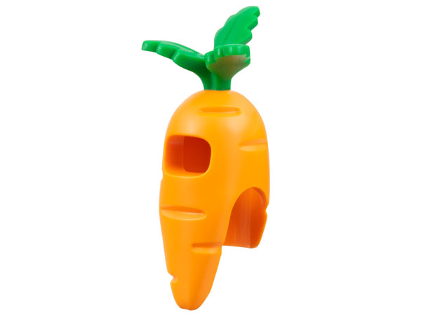 Display of LEGO part no. 100903pb01 which is a Orange Minifigure, Headgear Head Cover, Costume Carrot with Molded Green Leaves Pattern 