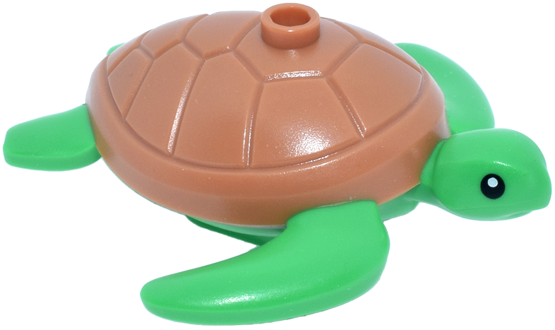Display of LEGO part no. 102285pb01 which is a Bright Green Sea Turtle with Molded Medium Nougat Shell and Printed Black Eyes with White Pupils Pattern 