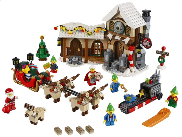 LEGO set with Santa Claus, reindeer, and other Christmas-themed figures on a white background