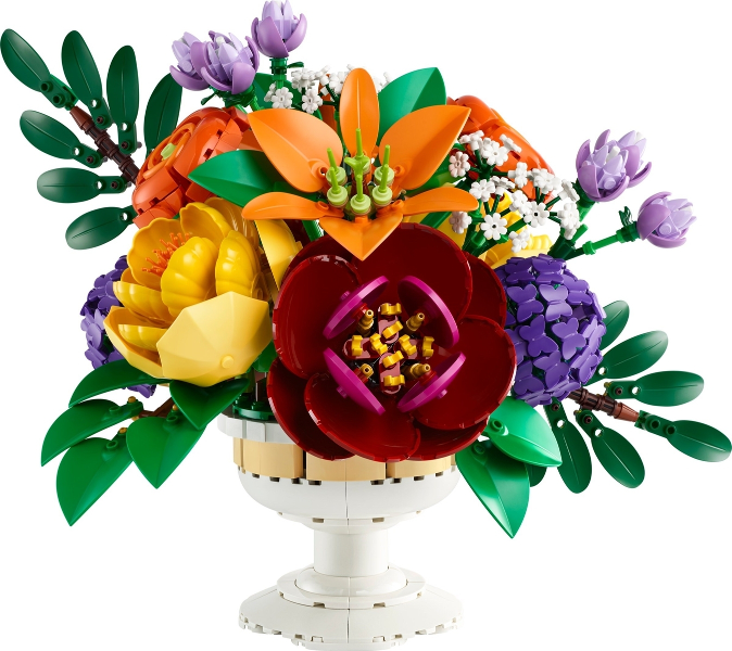 Colorful flower arrangement made of interlocking bricks on a white background