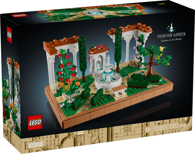 LEGO Icons Fountain Garden set packaging with detailed model on a black background