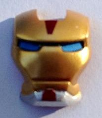 Display of LEGO part no. 10908pb02 which is a Dark Red Minifigure, Visor Top Hinge with Gold Face Shield, Medium Blue Eyes, Silver Chin Pattern (Iron Man Mark 17) 