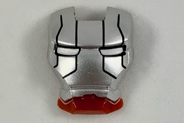 Display of LEGO part no. 10908pb13 which is a Dark Red Minifigure, Visor Top Hinge with Silver Face Shield, White Eyes, Black Lines on Forehead and Cheeks Pattern (Iron Man Mark 5) 