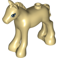 Display of LEGO part no. 11241pb02 which is a Tan Horse, Friends, Foal with and White Eyes and 3 Black Eyelashes Pattern 