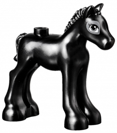 Display of LEGO part no. 11241pb03 which is a Black Horse, Friends, Foal with Dark Bluish Gray and White Eyes with 2 Eyelashes Pattern 