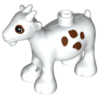 Display of LEGO part no. 11369c01pb02 which is a White Duplo Goat with Dark Brown Spots Pattern 