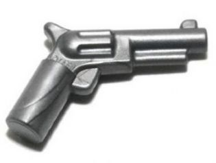 Display of LEGO part no. 13562 which is a Flat Silver Minifigure, Weapon Gun, Pistol Revolver, Small Barrel 