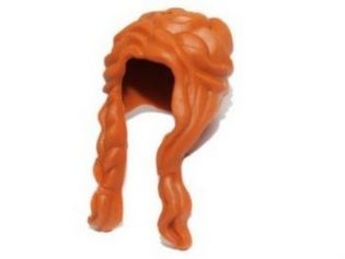 Display of LEGO part no. 13750 which is a Dark Orange Minifigure, Hair Female Long, Braided on Right, Hole on Top 