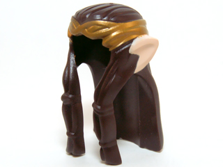 Display of LEGO part no. 13765pb02 which is a Dark Brown Minifigure, Hair Long Wavy and Braids with Gold Headband and Light Nougat Elf Ears Pattern 