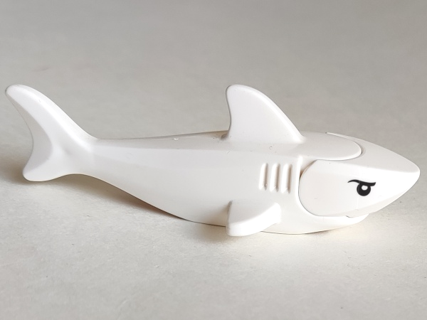 Display of LEGO part no. 14518c04pb01 which is a White Shark with Rounded Nose and Debossed Gills with Black Eyes and Partial Circle Pupils Pattern 