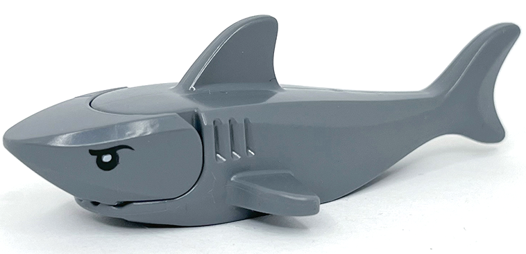 Display of LEGO part no. 14518c04pb01 which is a Dark Bluish Gray Shark with Rounded Nose and Debossed Gills with Black Eyes and White Partial Circle Pupils Pattern 