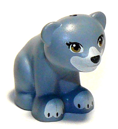 Display of LEGO part no. 14732pb02 which is a Sand Blue Bear, Friends / Elves, Baby Cub, Sitting with Black Nose, Dark Tan Eyes and White Paws and Muzzle Pattern 