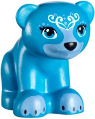 Display of LEGO part no. 14732pb04 which is a Dark Azure Bear, Friends / Elves, Baby Cub, Sitting with Black Nose, White Face Decorations and Medium Blue Paws and Muzzle Pattern (Blubeary) 