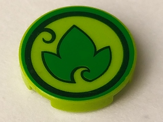 Display of LEGO part no. 14769pb033 which is a Lime Tile, Round 2 x 2 with Bottom Stud Holder with Elves Earth Power Icon Pattern 