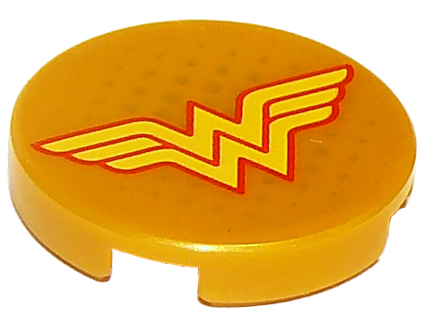 Display of LEGO part no. 14769pb161 which is a Pearl Gold Tile, Round 2 x 2 with Bottom Stud Holder with Yellow Letter 'W' with Red Outline Wonder Woman Logo and Gold Dots Pattern 