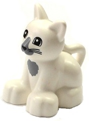 Display of LEGO part no. 17865pb01 which is a White Duplo Cat Kitten Sitting with Black Eyes and Whiskers and Dark Bluish Gray Chest and Nose Pattern 