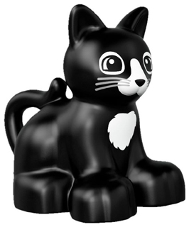 Display of LEGO part no. 17865pb02 which is a Black Duplo Cat Kitten Sitting with Eyes and Nose, Light Bluish Gray Whiskers, White Chest and Muzzle Pattern 