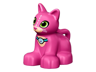 Display of LEGO part no. 17865pb03 which is a Dark Pink Duplo Cat Kitten Sitting with Lime Eyes and White Whiskers and Paw Print Collar Pattern 