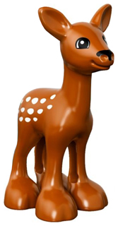 Display of LEGO part no. 18604c01pb01 which is a Dark Orange Duplo Deer Baby Fawn, Eyes White on Front and Back 