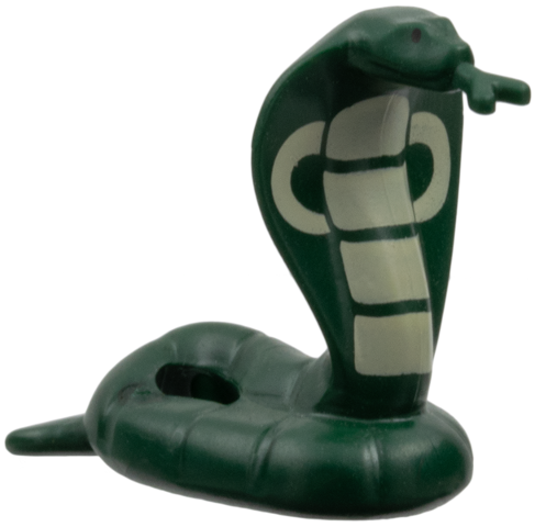 Display of LEGO part no. 18824pb01 which is a Dark Green Snake, Cobra with Tan and Black Pattern 