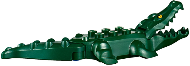 Display of LEGO part no. 18904c01pb01 which is a Dark Green Alligator / Crocodile with 20 Teeth with Yellow Eyes with White Glints Pattern with Blue Technic, Pin 1/2 