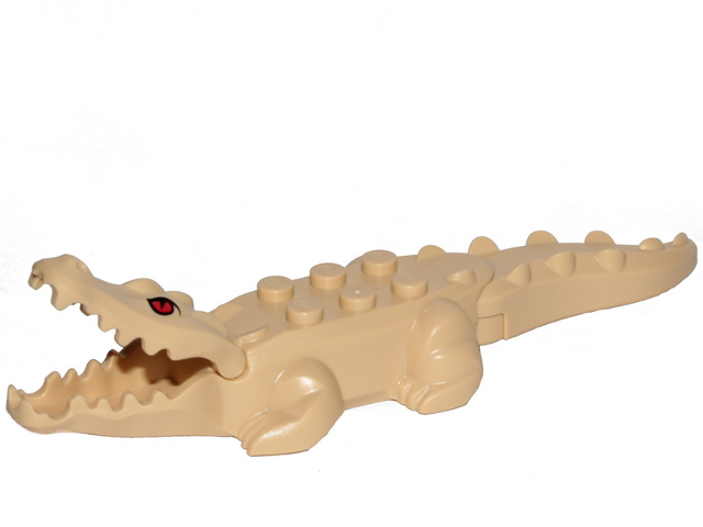 Display of LEGO part no. 18904c03pb01 which is a Tan Alligator / Crocodile with 20 Teeth with Red Eyes Pattern with Blue Technic, Pin 1/2 