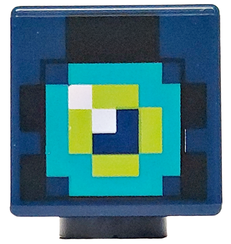 Display of LEGO part no. 19729pb088 which is a Dark Blue Minifigure, Head, Modified Cube with Pixelated Dark Turquoise, Lime and White Pattern (Minecraft Ender Knight / Eye of Ender) 