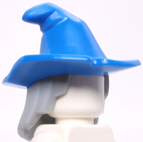 Display of LEGO part no. 20606pb06 which is a Light Bluish Gray Minifigure, Hair Combo, Hair with Hat, Mid-Length Scraggly with Molded Blue Floppy Witch Hat Pattern (BAM) 