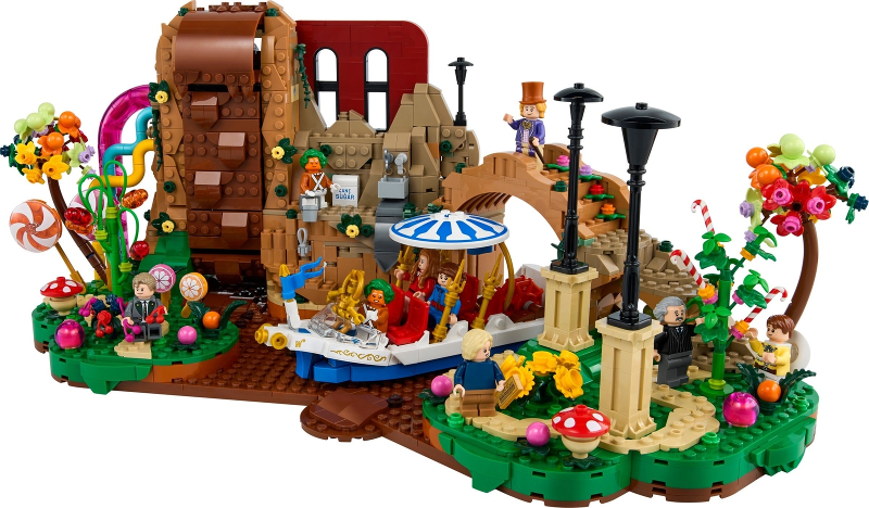 Colorful LEGO set with various elements and characters on a white background