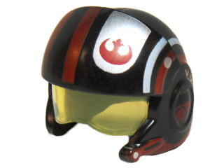Display of LEGO part no. 21566c01pb01 which is a Black Minifigure, Headgear Helmet SW Rebel Pilot Raised Front and Microphone with Trans-Yellow Visor with Red and White Stripes and Rebel Alliance Symbol Pattern 