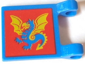 Display of LEGO part no. 2335px9 which is a Blue Flag 2 x 2 Square with Red Square and Yellow / Dragon Pattern 