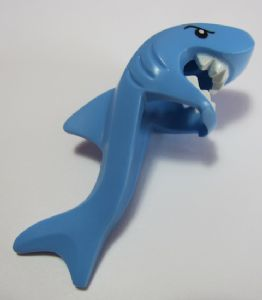Display of LEGO part no. 24076pb01 which is a Medium Blue Minifigure, Headgear Head Cover, Costume Shark Head, Tail and Fin with Black Eyes and White Teeth Pattern 