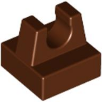 Display of LEGO part no. 2555 which is a Reddish Brown Tile, Modified 1 x 1 with Clip 