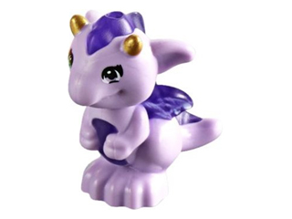 Display of LEGO part no. 26090pb02 which is a Lavender Dragon, Elves, Baby with Molded Trans-Purple Stomach, Spines, and Wings and Printed Gold Horns Pattern (Fledge) 