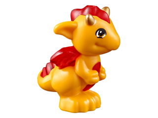 Display of LEGO part no. 26090pb03 which is a Bright Light Orange Dragon, Elves, Baby with Molded Trans-Red Stomach, Spines, and Wings and Printed Gold Horns Pattern (Spark) 
