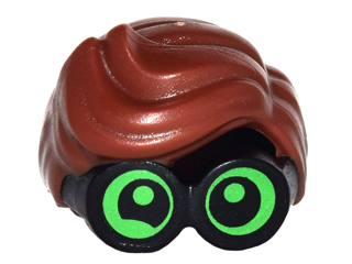 Display of LEGO part no. 28149pb02 which is a Black Minifigure, Hair Combo, Large Thick Glasses with Reddish Brown Hair, Parted and Wavy with Bright Green Lenses, Partial Wink on Right Eye Pattern 