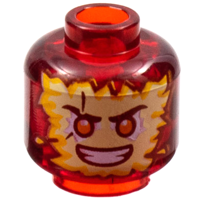 Display of LEGO part no. 28621pb0035 which is a Trans-Red Minifigure, Head Tan and Bright Light Orange Energy Face, Orange Eyes, Scowl Pattern, Vented Stud 