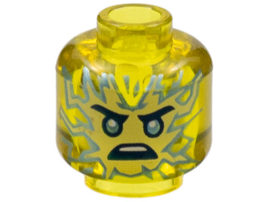 Display of LEGO part no. 28621pb0036 which is a Trans-Yellow Minifigure, Head Tan and Silver Energy Face, Silver Eyes, Scowl Pattern, Vented Stud 