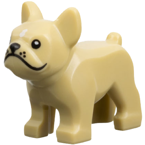 Display of LEGO part no. 29602pb01 which is a Tan Dog, French Bulldog with Black Eyes, Nose, Mouth, and Whiskers, White Spot on Forehead Pattern