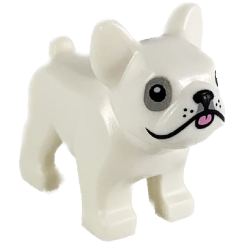 Display of LEGO part no. 29602pb02 which is a White Dog, French Bulldog with Black Eyes, Nose, Mouth, Bright Pink Tongue and Light Bluish Gray Around Right Eye Pattern