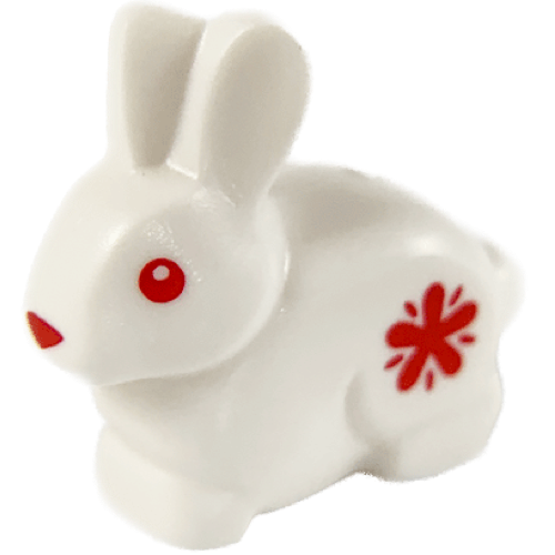 Display of LEGO part no. 29685pb02 which is a White Bunny / Rabbit with Red Eyes, Nose, and Flowers Pattern