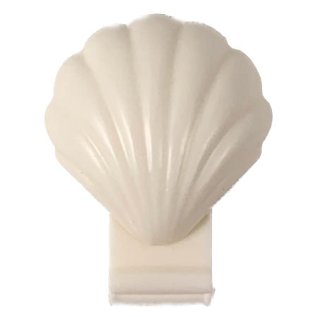 Display of LEGO part no. 18866 Clam, Type 2, Locking Edge on Inner Lip which is a White Clam, Type 2, Locking Edge on Inner Lip