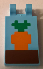 Display of LEGO part no. 30350bpb063 which is a Bright Light Blue Tile, Modified 2 x 3 with 2 Clips with Minecraft Carrot in Ground Pattern 