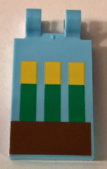 Display of LEGO part no. 30350bpb065 which is a Bright Light Blue Tile, Modified 2 x 3 with 2 Clips with Minecraft Wheat in Ground Pattern 