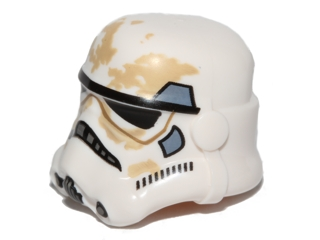 Display of LEGO part no. 30408pb08 which is a White Minifigure, Headgear Helmet SW Stormtrooper, 2 Chin Holes, Sand Blue Marks and Tan Dirt Stains Pattern 