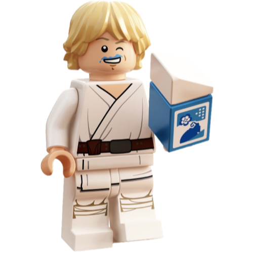 This LEGO minifigure is called, Luke Skywalker (Tatooine, White Legs, Blue Milk on Mouth) *with blue milk carton. It's minifig ID is sw1198.