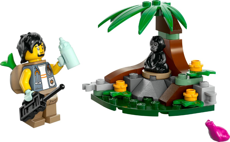 LEGO figure with a jungle scene including a monkey and palm tree on a white background