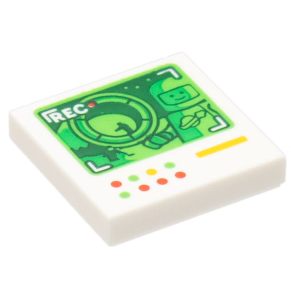 White LEGO Part 3068bpb2029 Tile 2 x 2 with Groove with Dark Green Screen with 'REC' and Classic Space Minifigure, and Red, Bright Green and Yellow Lights and Line Pattern