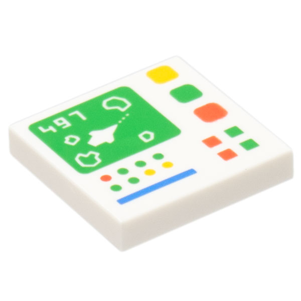 White LEGO Part 3068bpb2030 Tile 2 x 2 with Groove with '497' and Galaxy Explorer on Control Screen and Red, Bright Green, Yellow and Blue Buttons, Lights, and Line Pattern