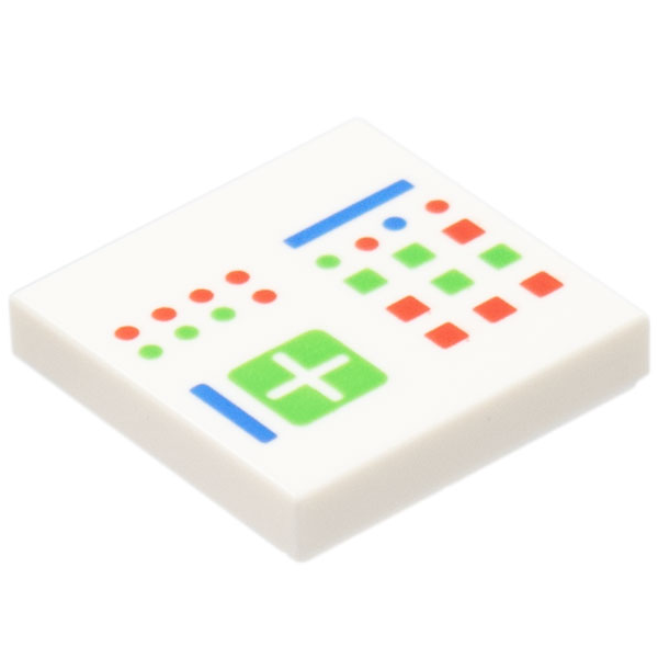 White LEGO Part 3068bpb2032 Tile 2 x 2 with Groove with Computer Console with Crosspatch and Bright Green, Red and Blue Lights, Buttons, and Lines Pattern